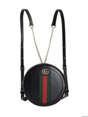 Gucci authentic black leather small round backpack shoulder bag gold chains